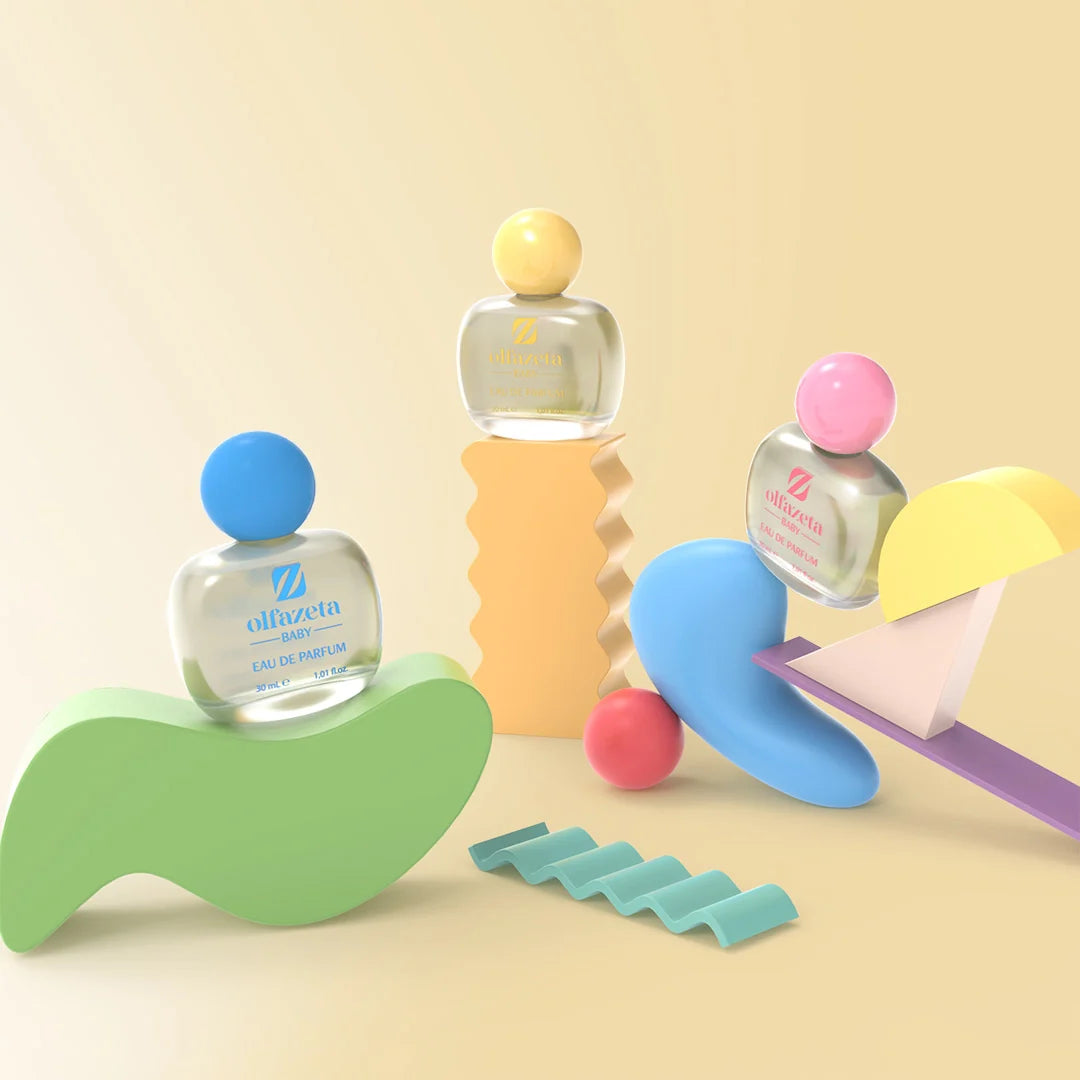 Olfazeta by Chogan Baby bottles, blue, yellow and pink caps, among playful pastel shapes