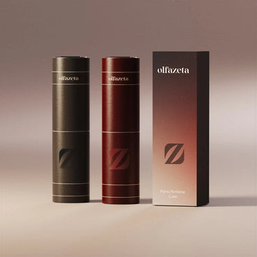 Pocket cases 'Timeless' Olfazeta by Chogan in khaki and burgundy with gold trim, with their gradient box, warm brown background
