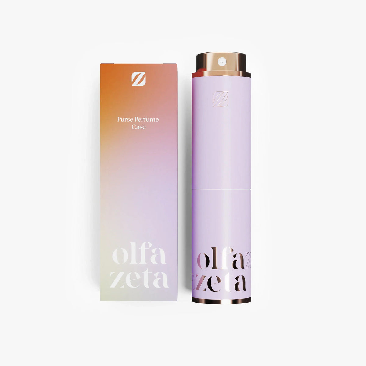 Džepni etui 'Modern' Olfazeta by Chogan u boji jorgovana sa zlatnim čepom i njegova narančasta kutija u prijelazu boja na svijetlosivoj pozadini