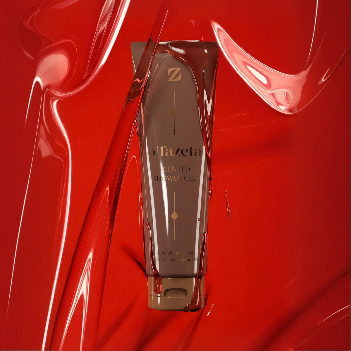 Bisnaga de gel de banho perfumado Olfazeta by Chogan N°23 sobre fundo de gel vermelho brilhante com volutas fluidas
